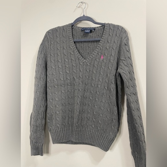 Ralph Lauren Blue Label Sweaters - Vintage Ralph Lauren Sport  Women’s Cable Knit Grey V Neck Long Sleeve Sweater